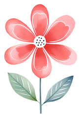  Watercolor illustration of a cute cartoon red flower. Transparent background, png