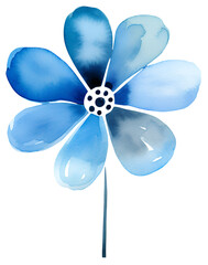 Watercolor illustration of a cute cartoon blue flower. Transparent background, png