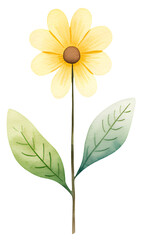 Watercolor illustration of a cartoon yellow flower. Transparent background, png