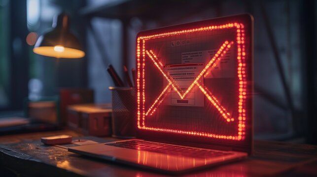 Phishing Awareness: laptop show red email inbox with a warning sign indicating phishing attempts and the importance of awareness.