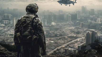  a soldier in a soldier's uniform looks out to the city with an army helicopter flying overhead - obrazy, fototapety, plakaty