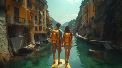 Fototapeta na wymiar Couple paddling board on river, enjoying water travel in natural landscape
