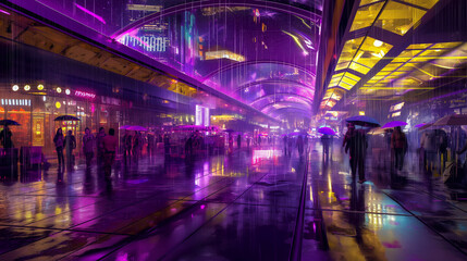 A surreal purple city, where buildings shimmer with violet luminescence under a starry sky,...