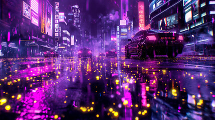 A surreal purple city, where buildings shimmer with violet luminescence under a starry sky, creating a mesmerizing urban dreamscape that blurs the lines between reality and fantasy.
