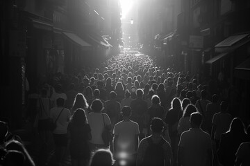Crowd of people, hustle culture concept, black and white