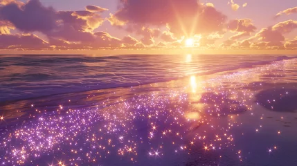 Foto op Plexiglas A dreamlike scene unfolds on a serene beach, where surreal purple diamonds scatter across the sand, shimmering under a twilight sky, blending fantasy with reality. © Alex