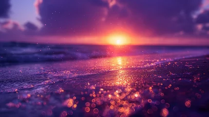 Crédence de cuisine en verre imprimé Violet A dreamlike scene unfolds on a serene beach, where surreal purple diamonds scatter across the sand, shimmering under a twilight sky, blending fantasy with reality.