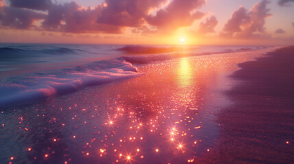 Fototapeta premium A dreamlike scene unfolds on a serene beach, where surreal purple diamonds scatter across the sand, shimmering under a twilight sky, blending fantasy with reality.