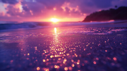 A dreamlike scene unfolds on a serene beach, where surreal purple diamonds scatter across the sand, shimmering under a twilight sky, blending fantasy with reality. - obrazy, fototapety, plakaty