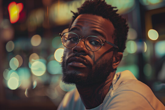 Young black man in glasses on a darkened city night background with bokeh, closeup portrait