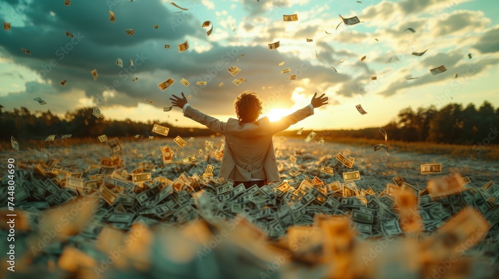 Wall mural Man sitting in leaffilled field under sky, arms outstretched towards horizon