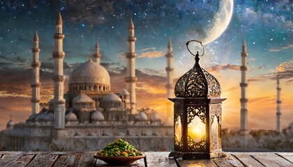 Ramadan, month of fasting concept. mosques on blurred background 