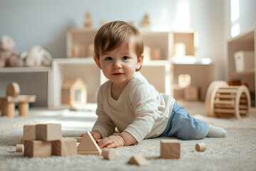 Photo of a small European child practicing Montessori with wooden toys in a children's room with natural sunlight.