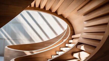 Abstract spiraling handrail of a wooden staircase in a modern design building