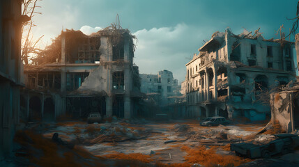   a city destroyed in the chaos of war - obrazy, fototapety, plakaty