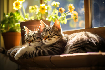 Delightful Window Scene with Two Intrigued Domestic Cats Appreciating Sunlight at Home