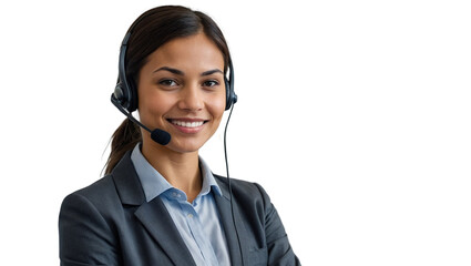 Portrait of a happy call center woman isolated on a transparent background for consulting. Smile, customer support or service career with a young employee on PNG for telemarketing	