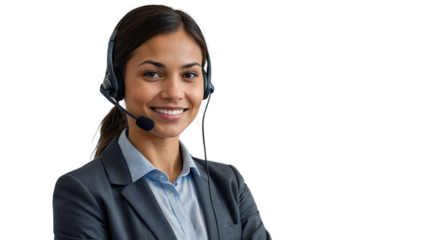 Portrait of a happy call center woman isolated on a transparent background for consulting. Smile, customer support or service career with a young employee on PNG for telemarketing	