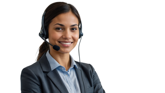 Portrait of a happy call center woman isolated on a transparent background for consulting. Smile, customer support or service career with a young employee on PNG for telemarketing	