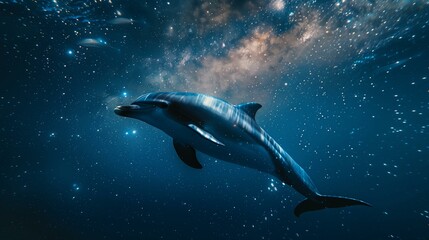 Dolphin Swimming in Ocean with Cosmic Starry Sky Background