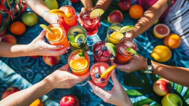 Friends Toasting with Fresh Fruit Cocktails Outdoors