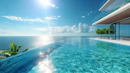 Fototapeta na wymiar Luxury Infinity Pool Overlooking the Ocean with Palm Trees