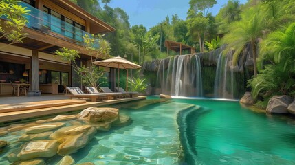 Tropical Resort Pool with Natural Waterfall Design