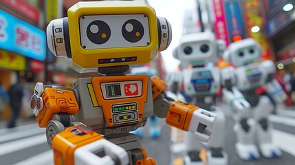 Friendly Toy Robots Exploring Urban Streetscape
