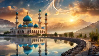 Ramadan, month of fasting concept. mosques on blurred background 