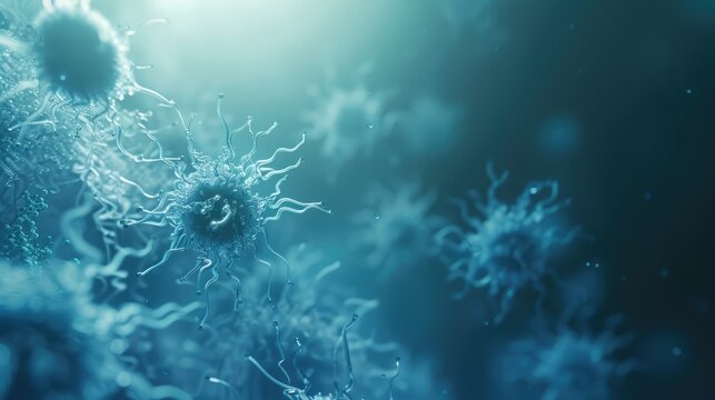 Closeup macro image of viruses, bacteria and organic tissues. Abstract background. Healthcare, hygiene and personal care concept. AI-generated.