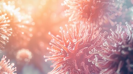 Closeup macro image of viruses, bacteria and organic tissues. Abstract background. Healthcare, hygiene and personal care concept. AI-generated.