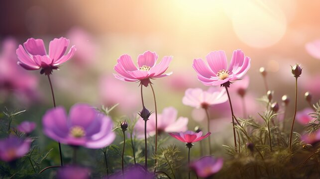 Beautiful pink flower anemones fresh spring morning on nature and fluttering butterfly on soft green background, macro. Spring template, elegant amazing artistic image, free space