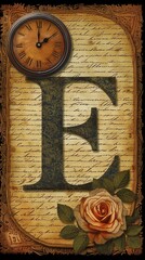 Antique Letter E Design with Clock and Rose