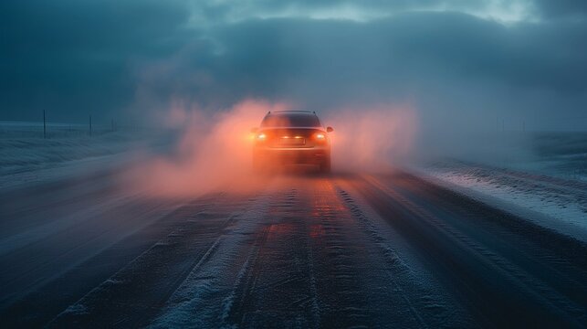 Car Driving on Snowy Road with Headlights On