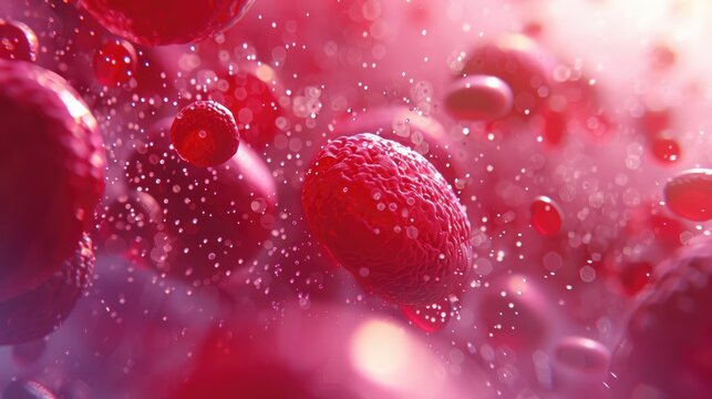 Closeup macro image of red blood cells and organic tissues. Leukocytes and erythrocytes in veins and arteries. Abstract background. Healthcare, hygiene and personal care concept. AI-generated.