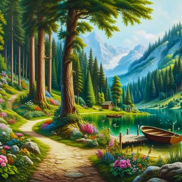 Beautiful mountain lake with pier and boat in magnificent coniferous forest.