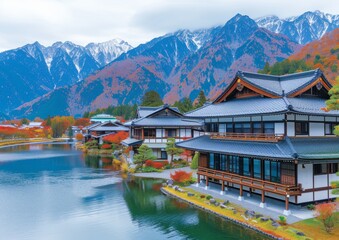 Fototapeta premium Picturesque Japanese Village with Mountain Reflection in Autumn