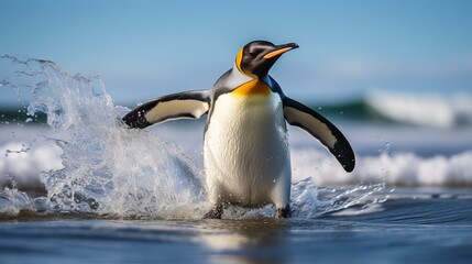Big King penguin going in to the blue water, Atlantic ocean on Falkland Island, sea bird in the nature habitat