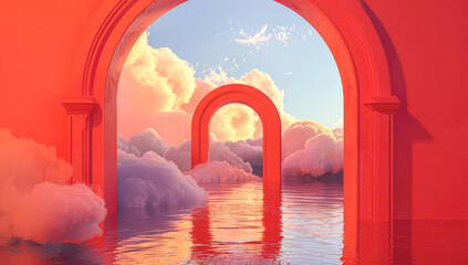 Minimal red marble white stone product podium, large abstract portal door on the surface of the sea, wavy water horizon. Gentle surreal contemporary aesthetic under the cloudy sky.