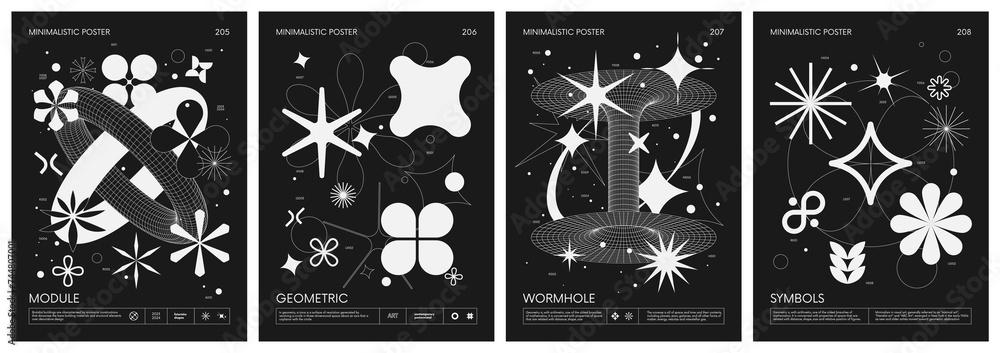 Poster black and white minimalistic posters acid style with strange wireframes geometrical shapes and silho