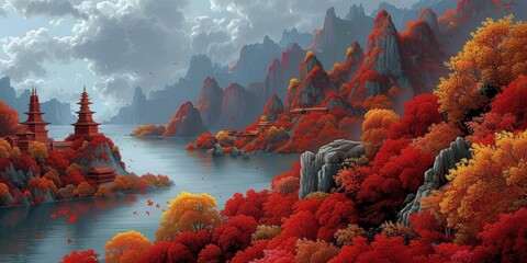 Fantasy Mountain Landscape with Red Pagodas and Misty Peaks