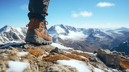 Closeup view of a foot wearing a hiking boot standing on top of a mountain. All potential trademarks are removed.