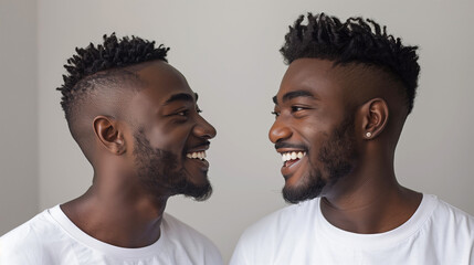 Side profile view of  young friends african american men in casual  t-shirts smiling and looking at each other.
