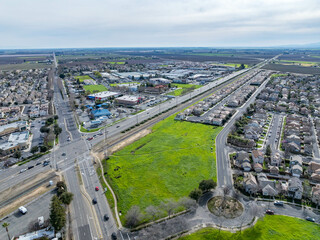 Drone photos over vacant land in a community in a community in northern California. Green space vacant land. Commercial Real Estate