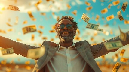 A man in a suit stands before a cash rain, in a surreal artwork - obrazy, fototapety, plakaty