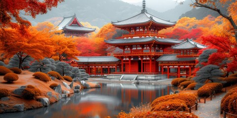 Red Japanese Temple Amidst Autumn Trees and Reflective Pond