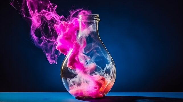 Color smoke in broken lamp. Ink water. Pink paint fluid shot vapor cloud in crashed glass light bulb on dark navy blue abstract copy space background