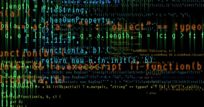 Abstract computer code running in a virtual space. Animation glitch, zoom in. Programming code with typing lines on black sreen background