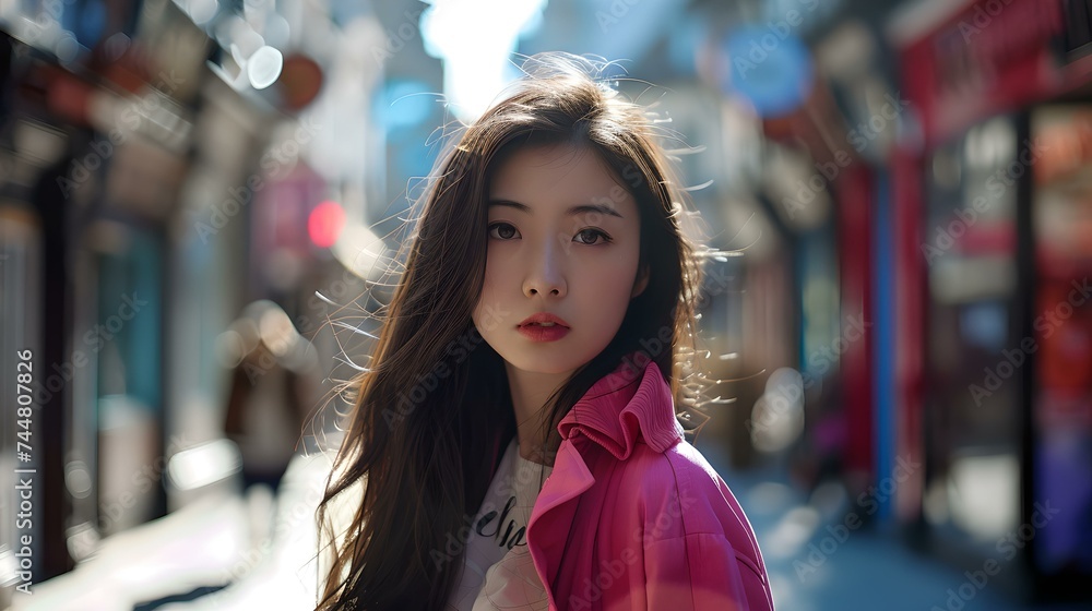 Wall mural Urban portrait of a stylish young woman in a pink jacket. casual city fashion shot. blurred street background. AI