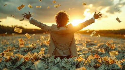 Man in a money field, arms outstretched, under sunny sky - obrazy, fototapety, plakaty